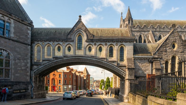 The bridge to Synod Hall, the building that houses Dublinia, part of Dublin Christ Church Cathedral in Dublin, Ireland